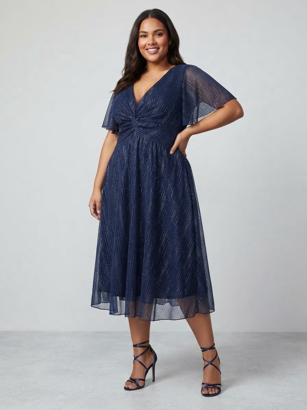 Lapa Twist-Front Navy & Silver Midi Dress - Elegant V-Neck Women’s Dress
